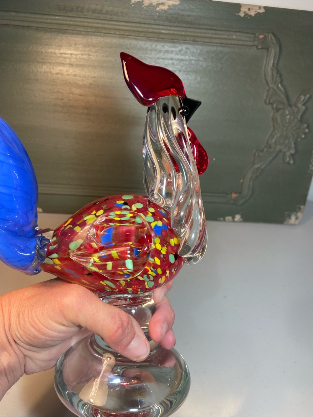 Handblown Glass Rooster Figurine in Red and Blue Accent - Picture 10 of 16